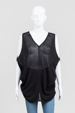 Load image into Gallery viewer, BCBG MaxAzria Black Pointelle Cold Shoulder Tunic Sweater (S)
