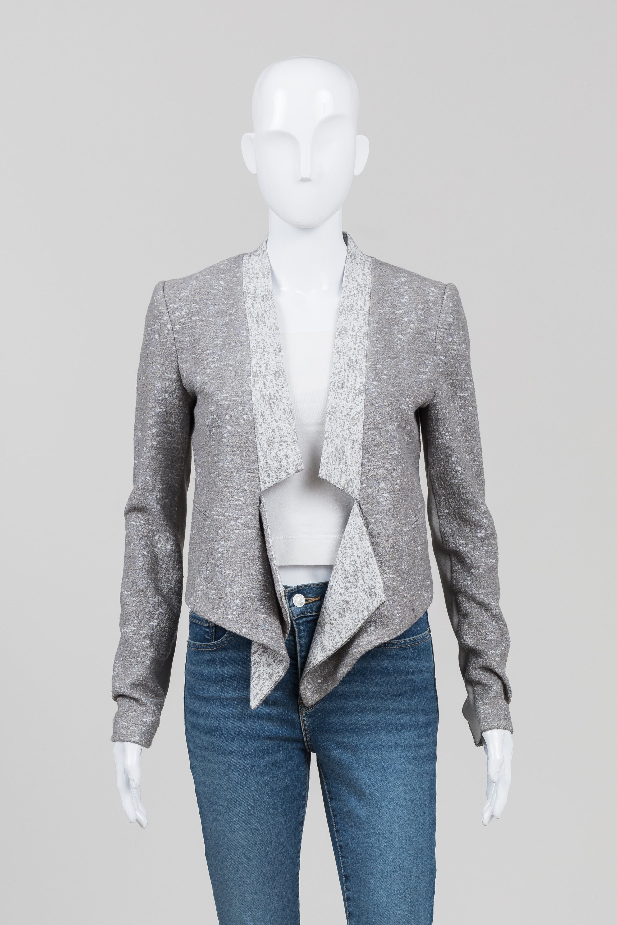 BCBG MaxAzria Grey Tweed Drape Front Jacket (XXS)