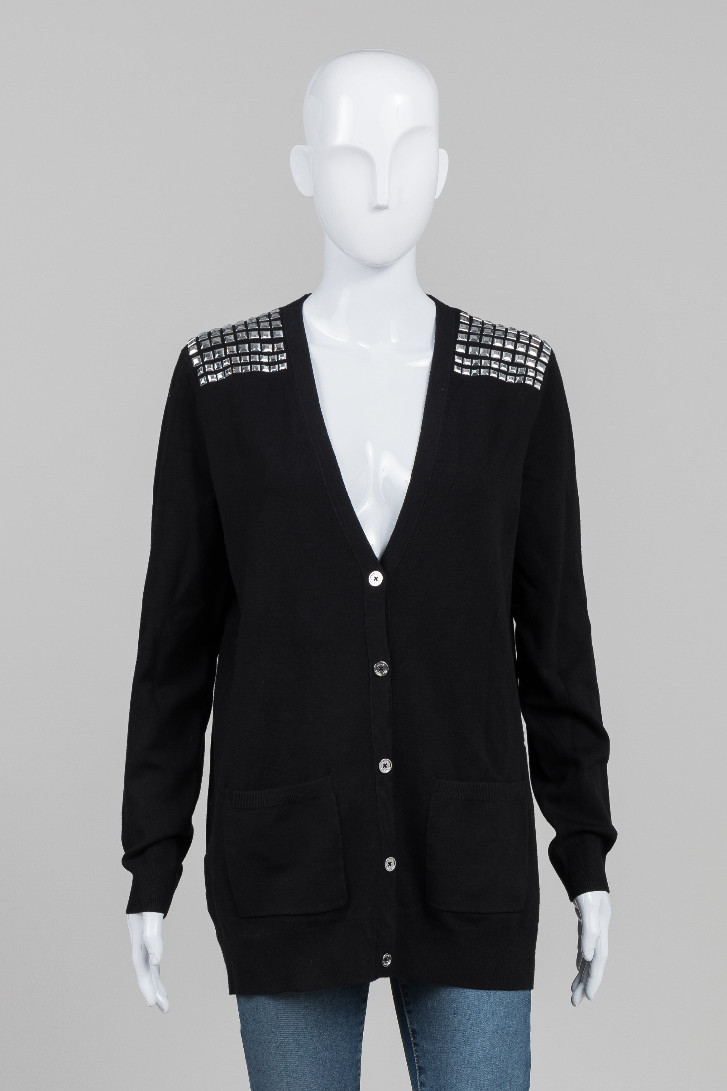 Michael Michael Kors Black Doubleknit Cardigan w/ Silver Studded Shoulders (M)