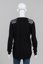 Load image into Gallery viewer, Michael Michael Kors Black Doubleknit Cardigan w/ Silver Studded Shoulders (M)
