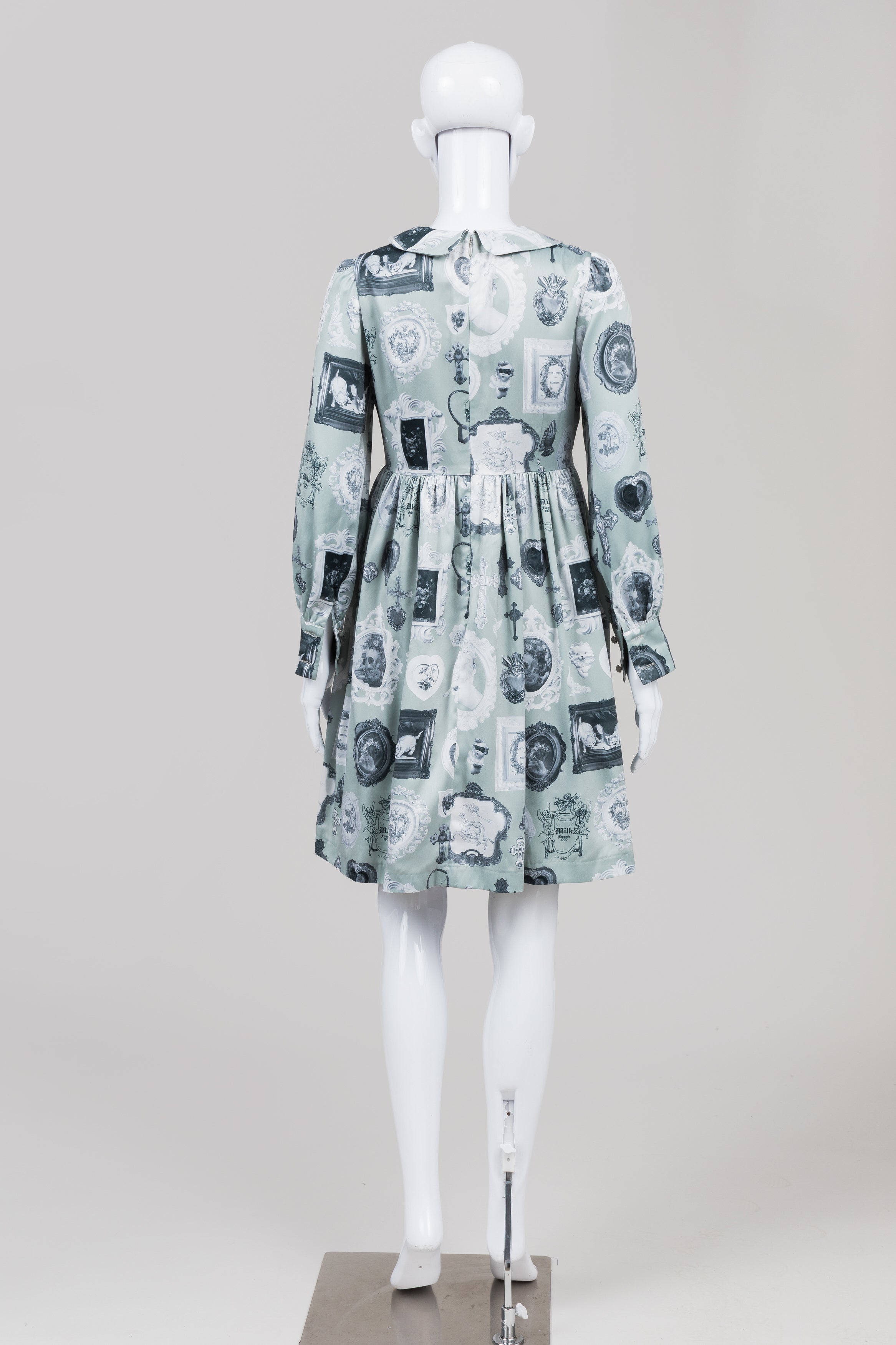Milk Light Green/Grey Frame Print Shirred Dress