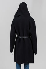Load image into Gallery viewer, Elena Wang Black Hooded Belted Coat (XL)
