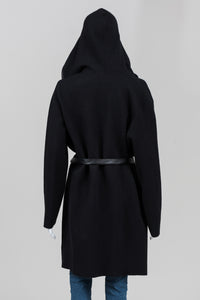 Elena Wang Black Hooded Belted Coat (XL)