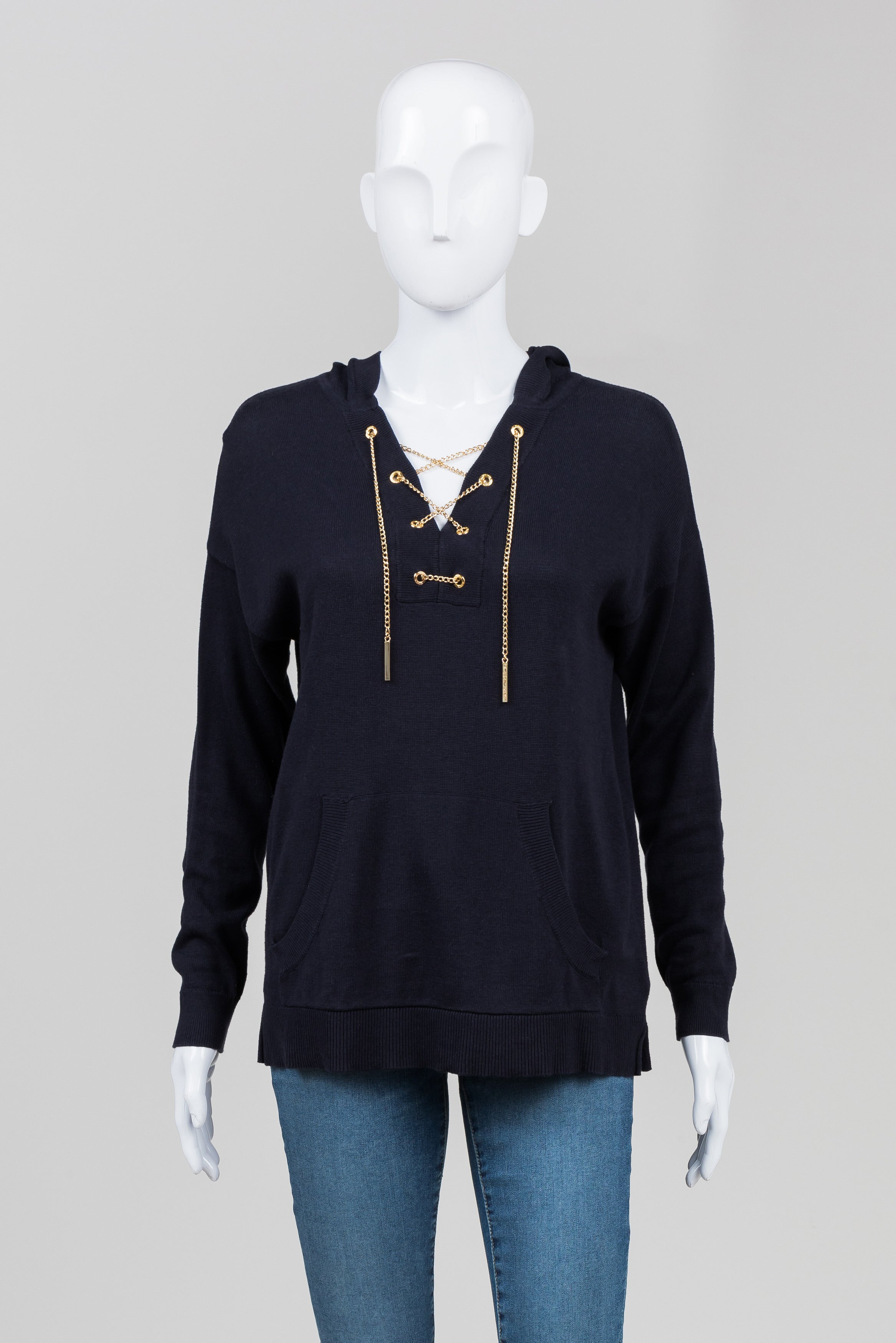 Michael Michael Kors Navy Hooded Sweater w/ Gold Chain Laces (XS)