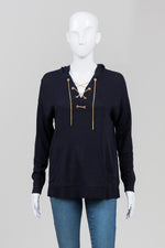 Load image into Gallery viewer, Michael Michael Kors Navy Hooded Sweater w/ Gold Chain Laces (XS)
