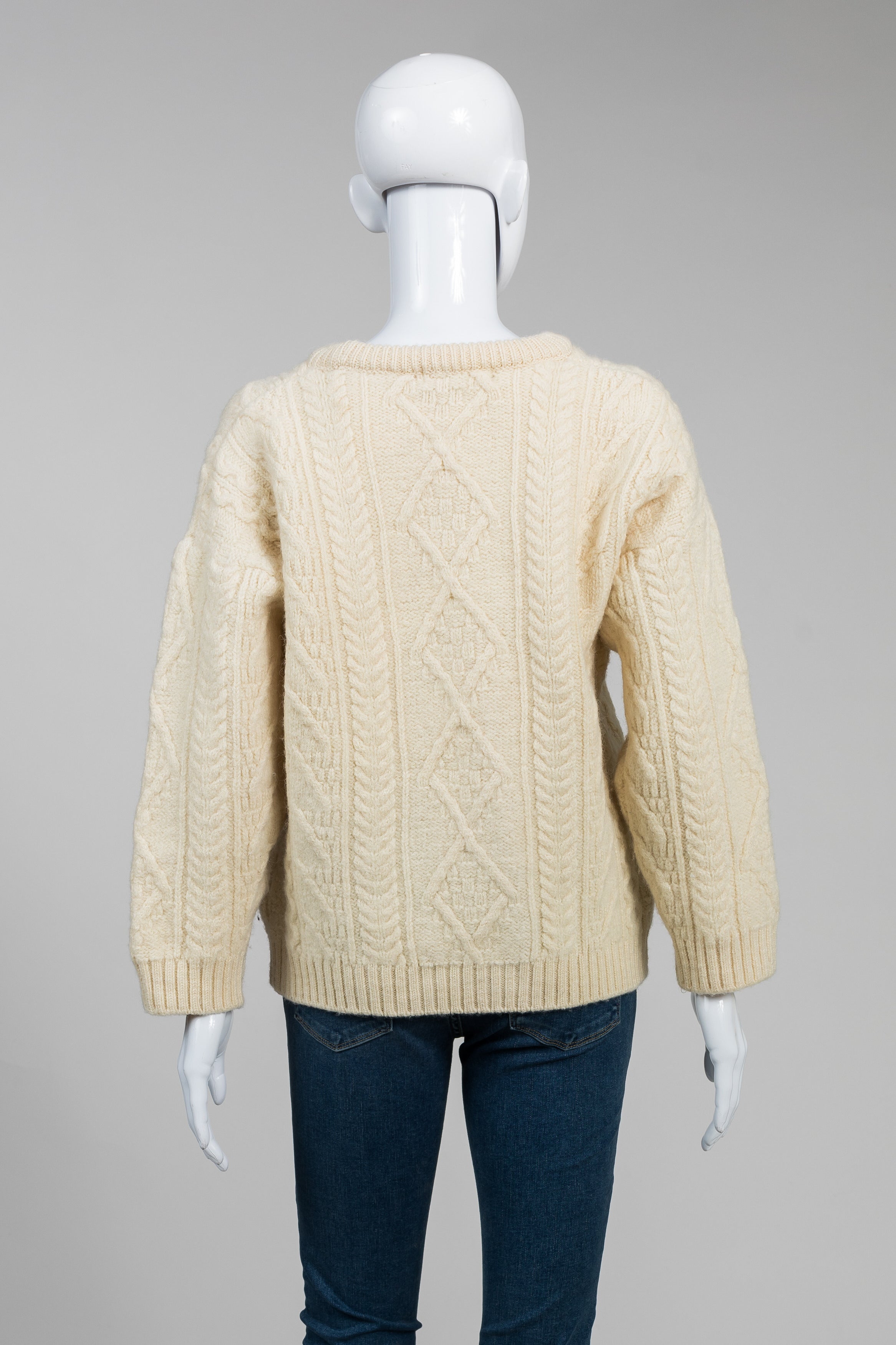 British Wool Vintage Cream Fisherman Knit Sweater (L)