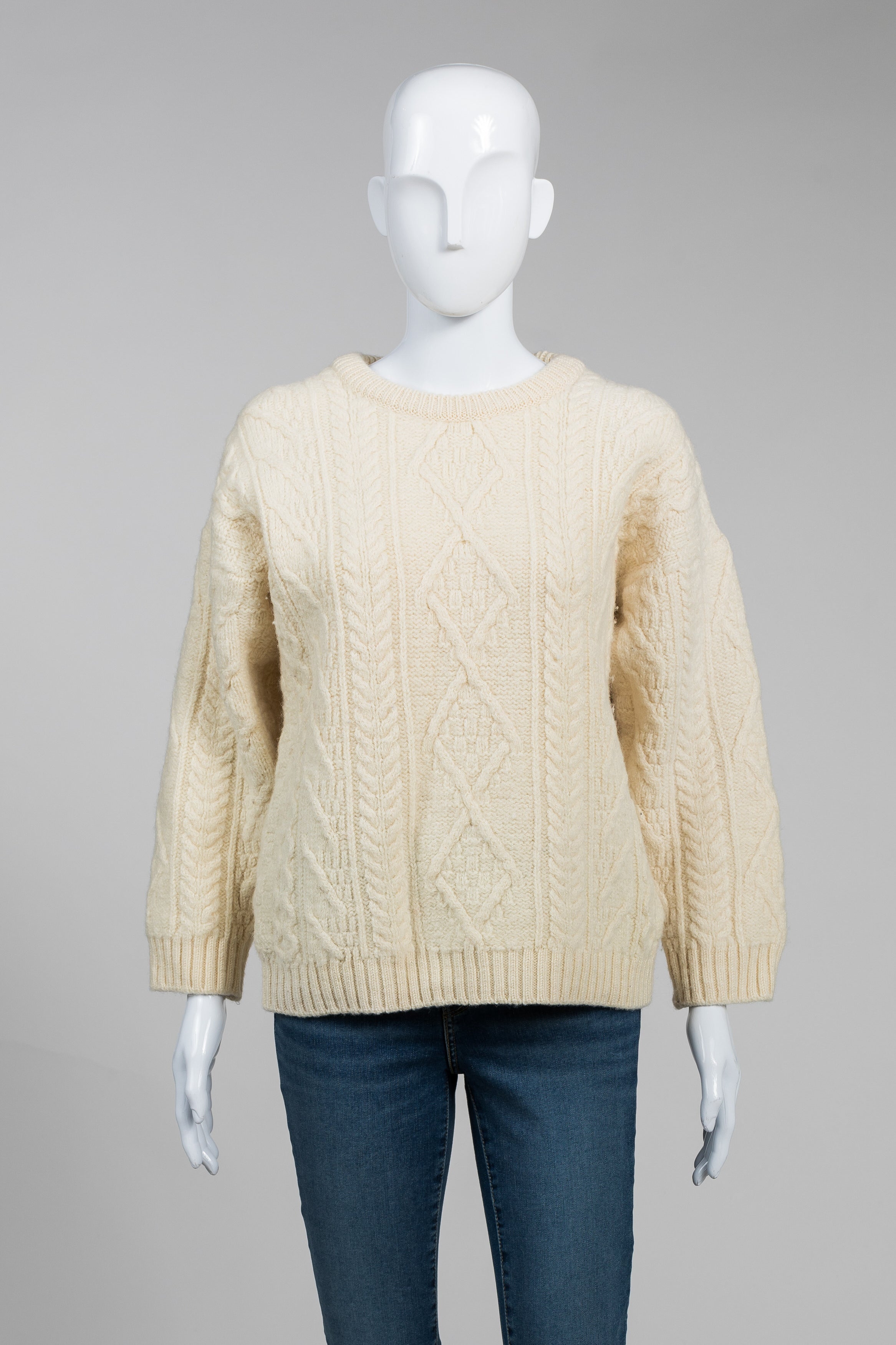 British Wool Vintage Cream Fisherman Knit Sweater (L)