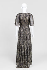 Load image into Gallery viewer, ba&amp;sh Black/Gold Lurex Mock Wrap Evening Dress w/ Cape Sleeves (0)
