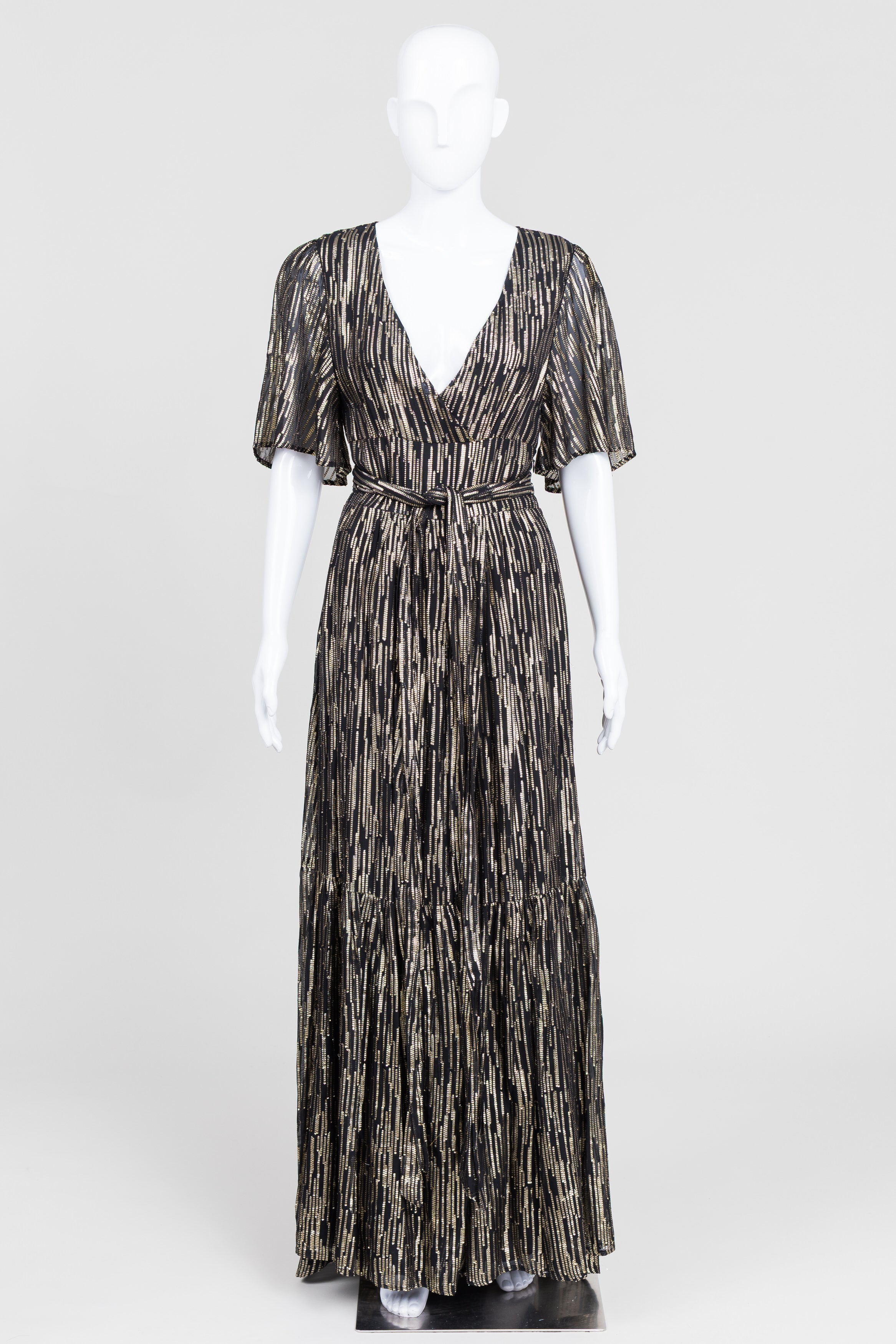 ba&sh Black/Gold Lurex Mock Wrap Evening Dress w/ Cape Sleeves (0)