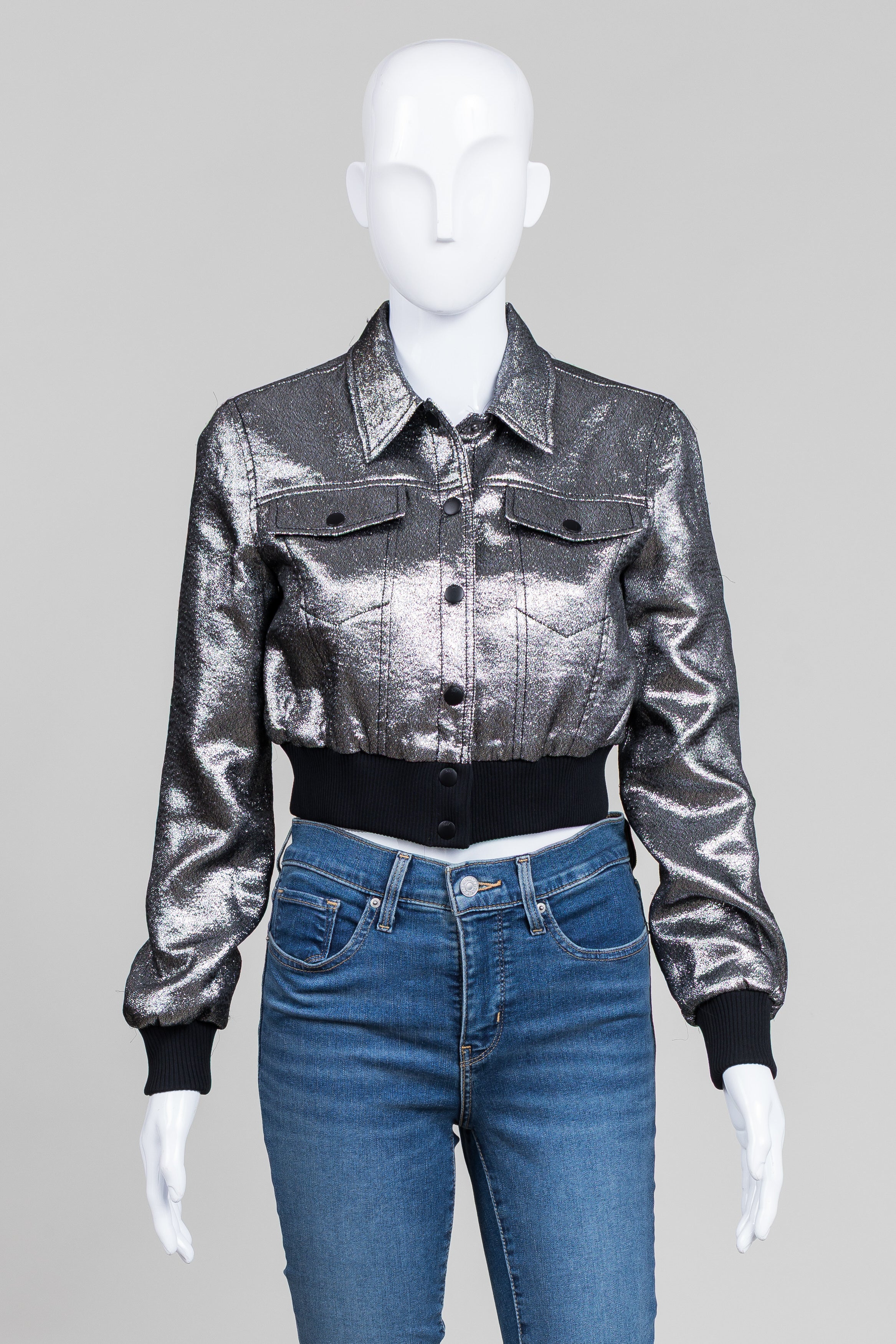 Cinq a Sept Gunmetal Lurex Bomber Snap Front Crop Jacket (S)