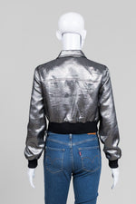 Load image into Gallery viewer, Cinq a Sept Gunmetal Lurex Bomber Snap Front Crop Jacket (S)
